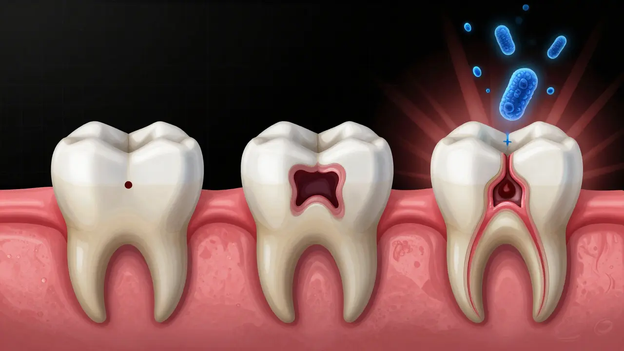Postupné poškození zubu: od malé dutiny až po absces a ničení kosti.