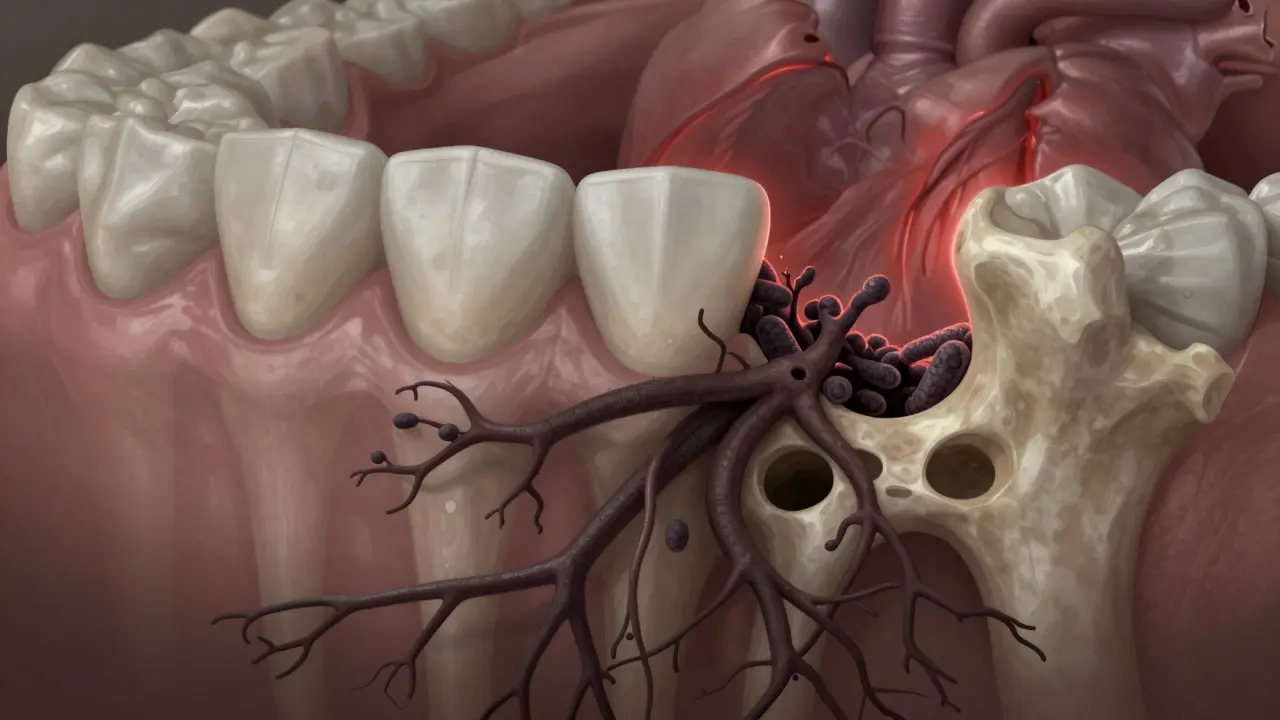 Příčný řez zubu a dásně ukazující, jak černý kámen ničí kost a šíří bakterie
