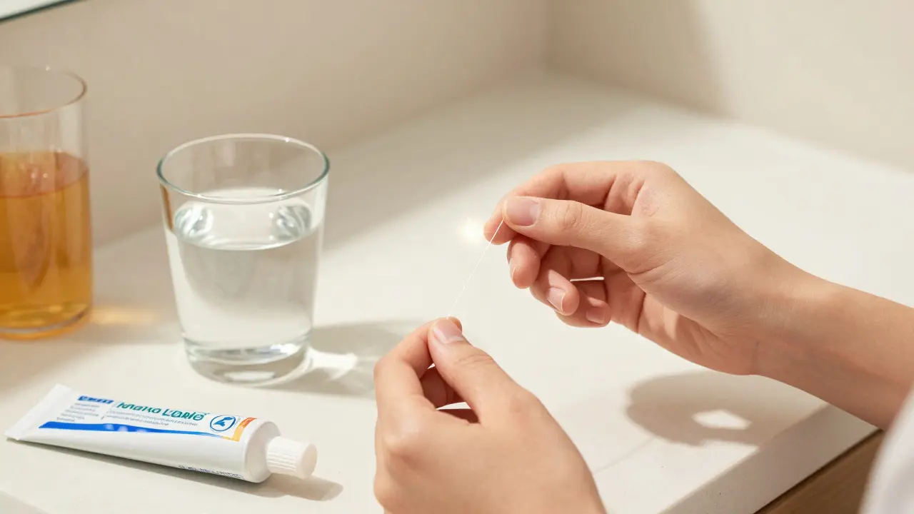 Ruka čistí mezizubní prostory ve světle rána, v pozadí voda a zubní pasta.