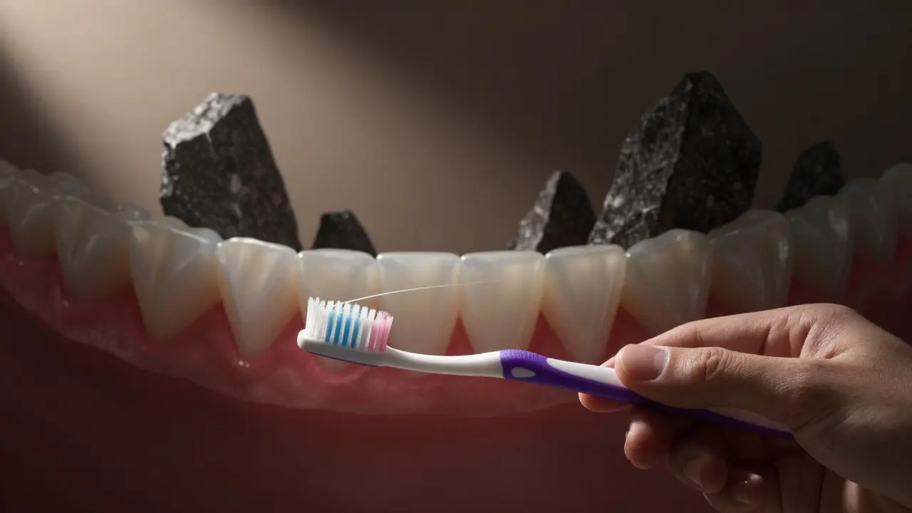 Ruka drží kartáček a nitě, zatímco pod dásní se objevují temné kamenité nánosy jako symbol skryté hrozby.