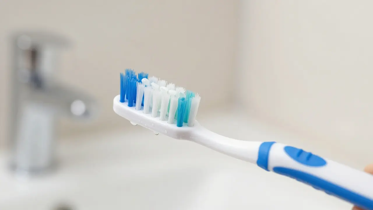 Ruka drží kartáček pod úhlem na čistění mezi zuby a dásni v koupelně.