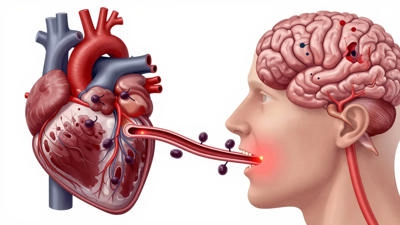 Schematic připojení ústní dutiny ke srdci a mozku, s bakteriemi šířícími se z dásní do krve.