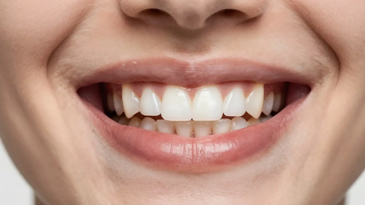 Smích s nerovnoměrně bělými zuby a nezměněnými plombami, symbolizující omezení domácího bělení.