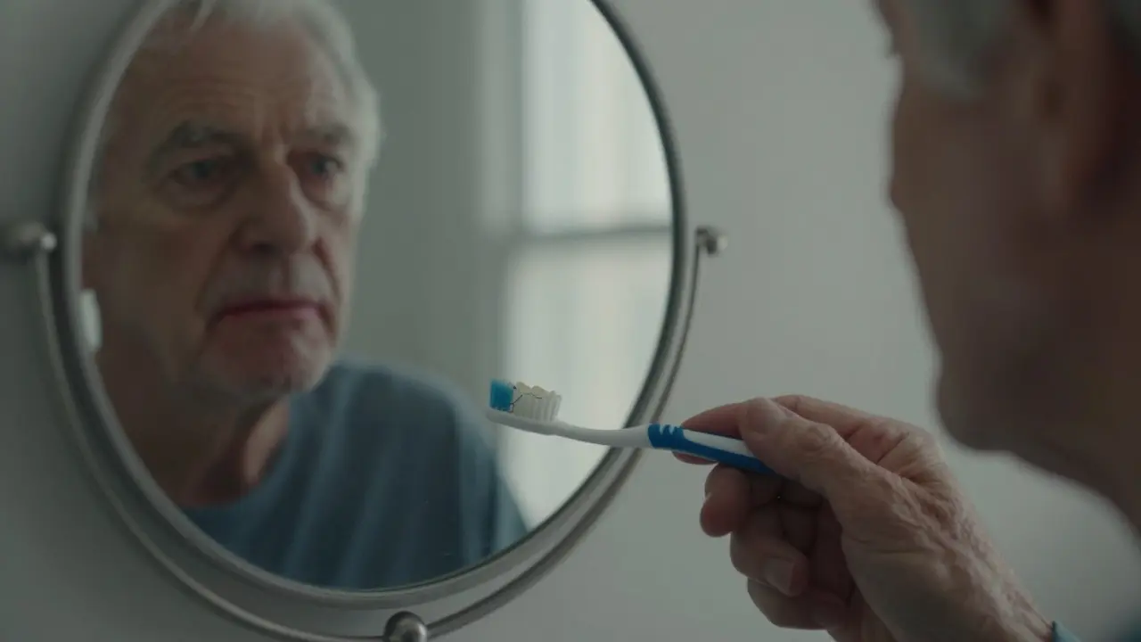 Starý člověk se dívá do zrcadla, kde je vidět krvácení dásní a zubní kámen