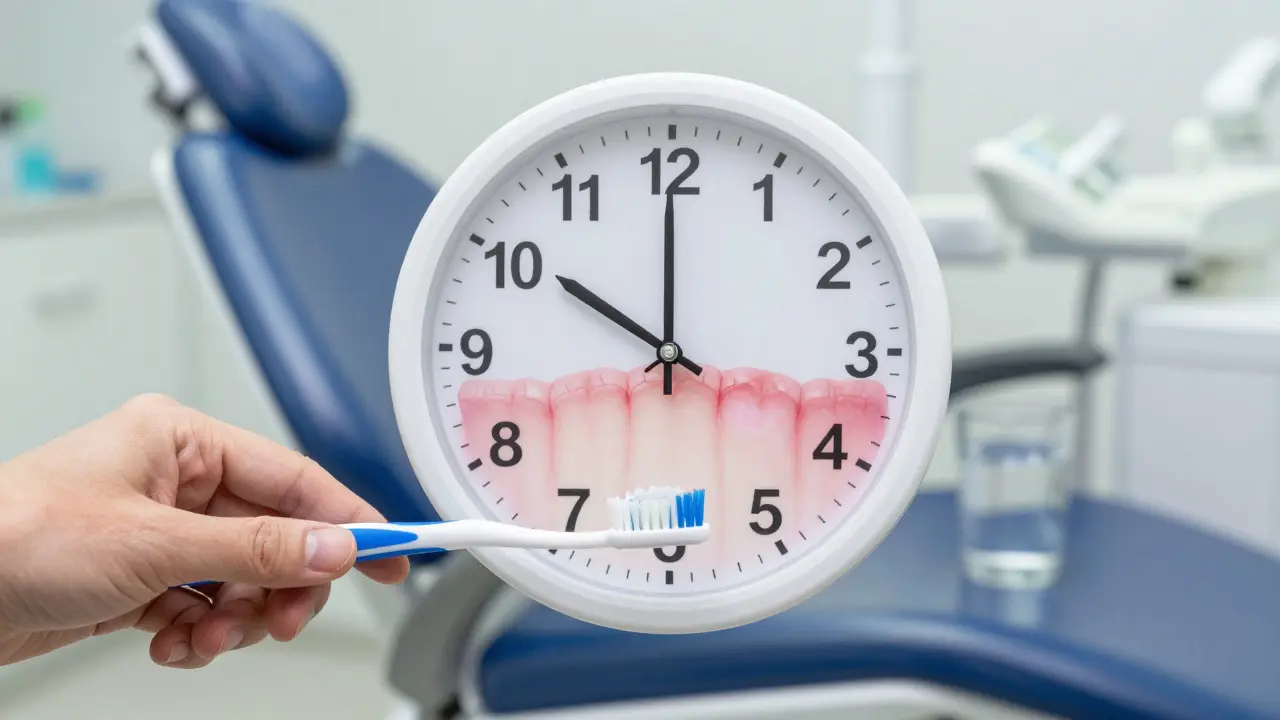 Symbolická scéna hojení dásní v čase s jemným kartáčkem a hodinami.