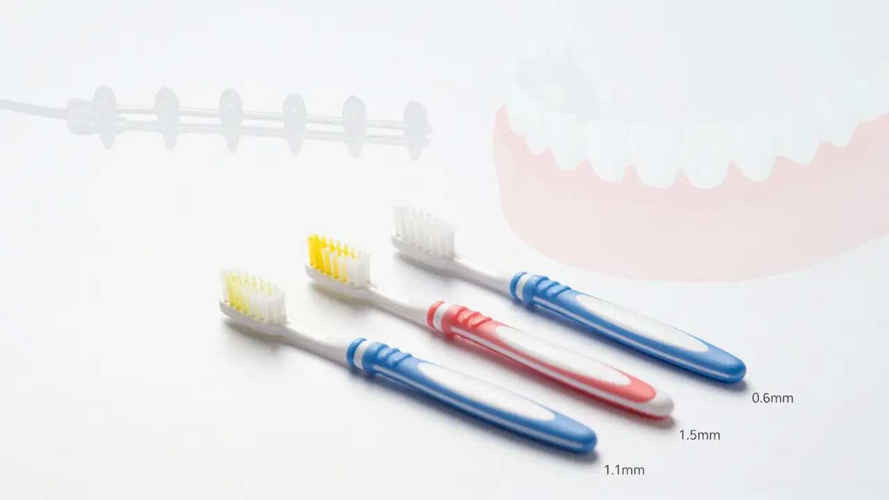 Tři jednosvazkové kartáčky různých velikostí s barvovým označením na bílém pozadí.