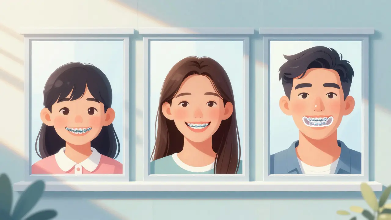 Tři typy ortodontických léčebných metod: kovové, keramické bráčky a průhledné fajfky na různých věkových skupinách.