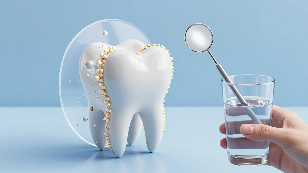 Zdravý zub obklopený ochrannou vrstvou fluoridu, odrazující kyselé látky.