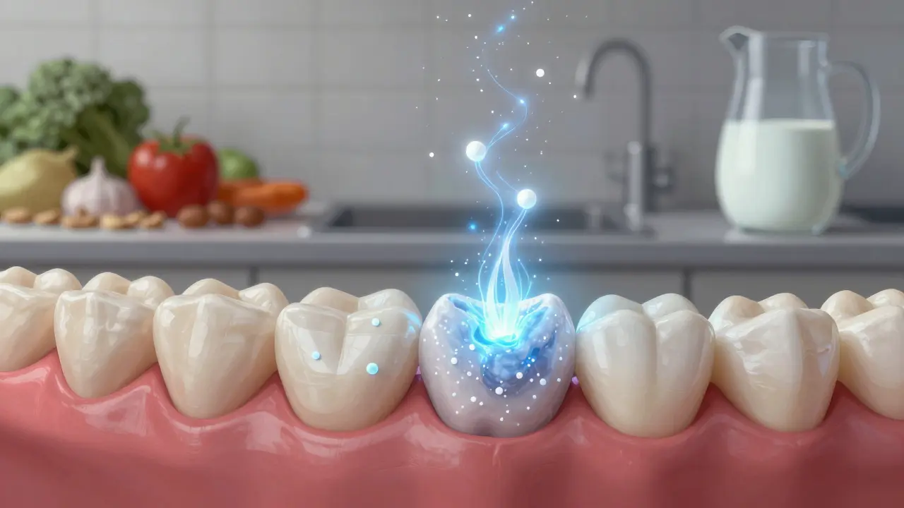 Zub se obnovuje minerály z sliny a fluoridu, kolem zdravé potraviny jako oříšky a mléko.