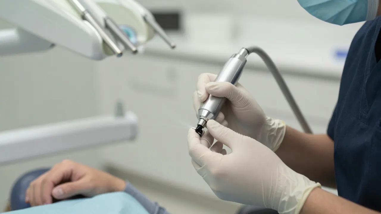 Zubní lékař odstraňuje černý zubní kámen ultrazvukovým skrabákem.