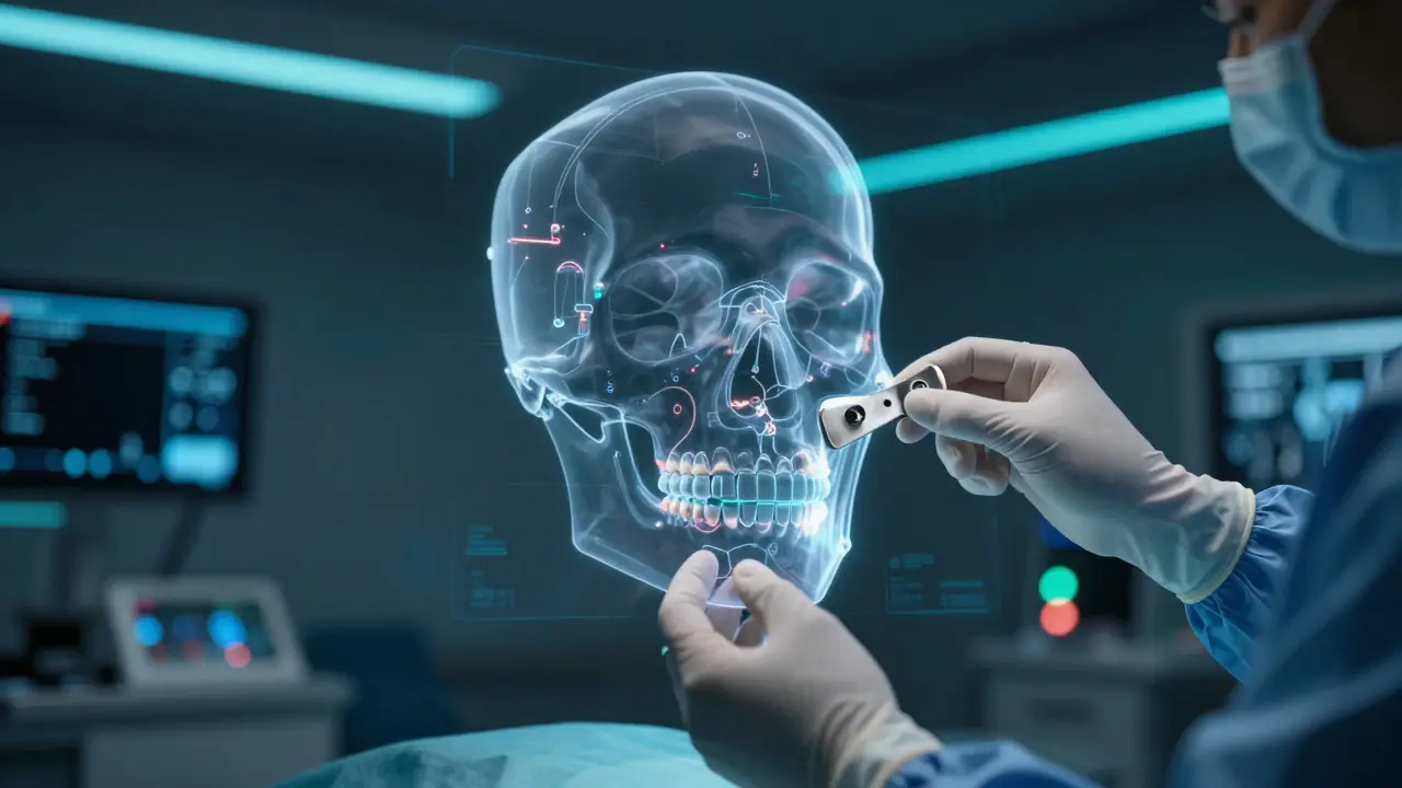 3D holografický model čelistí při plánování chirurgického zákroku.