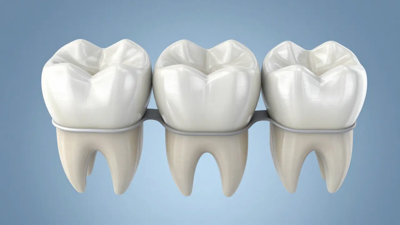 3D ilustrace zubního můstku vyplňující mezeru mezi zuby.