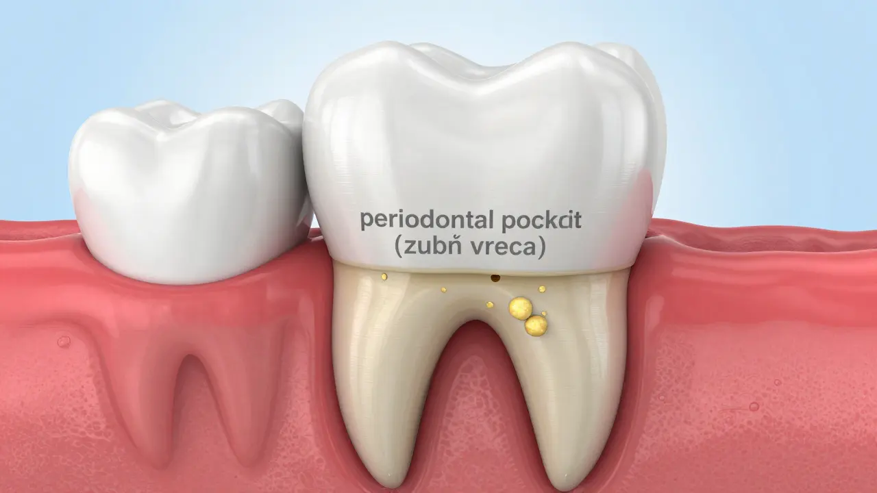 3D model zubu znázornující zubní vreca a hromadění bakteriálního kamene.