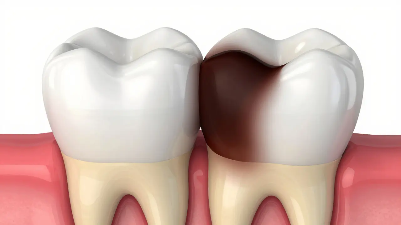 3D průřez zubu znázornující skrytý mezizubní kaz v dentinu.