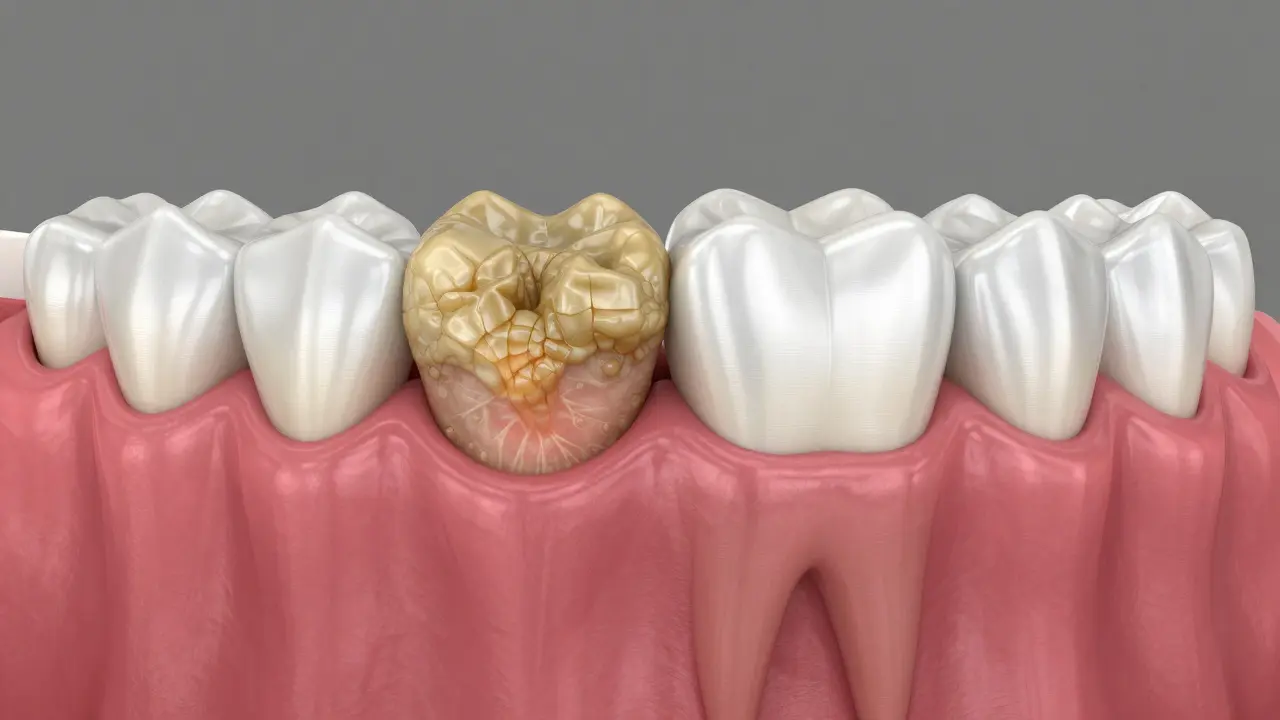 3D vizualizace rozdílu mezi zubem s zubním kamenem a zdravým zubem po hygieně.