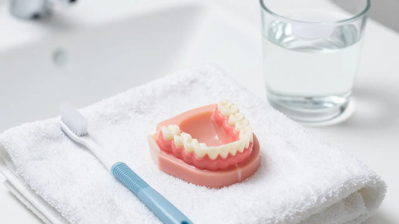 Čištění částečné zubní náhrady pomocí speciálního kartáče.