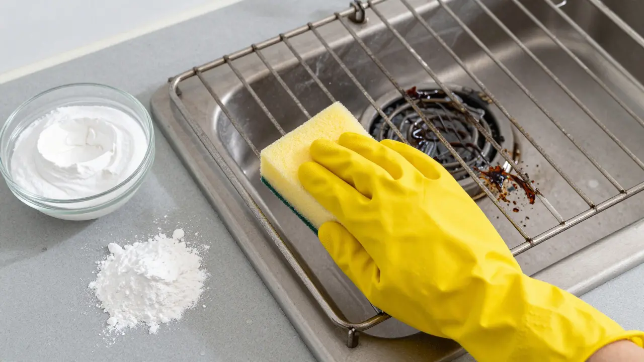 Čištění mastné trouby pomocí pasty z jedlé sody.