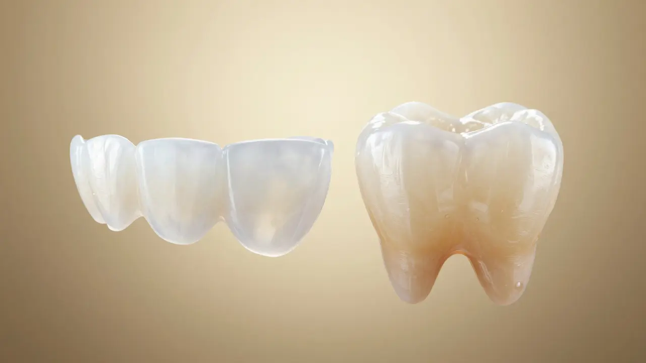 Detail celokeramické faset z porcelánu s jemným průsvitem.