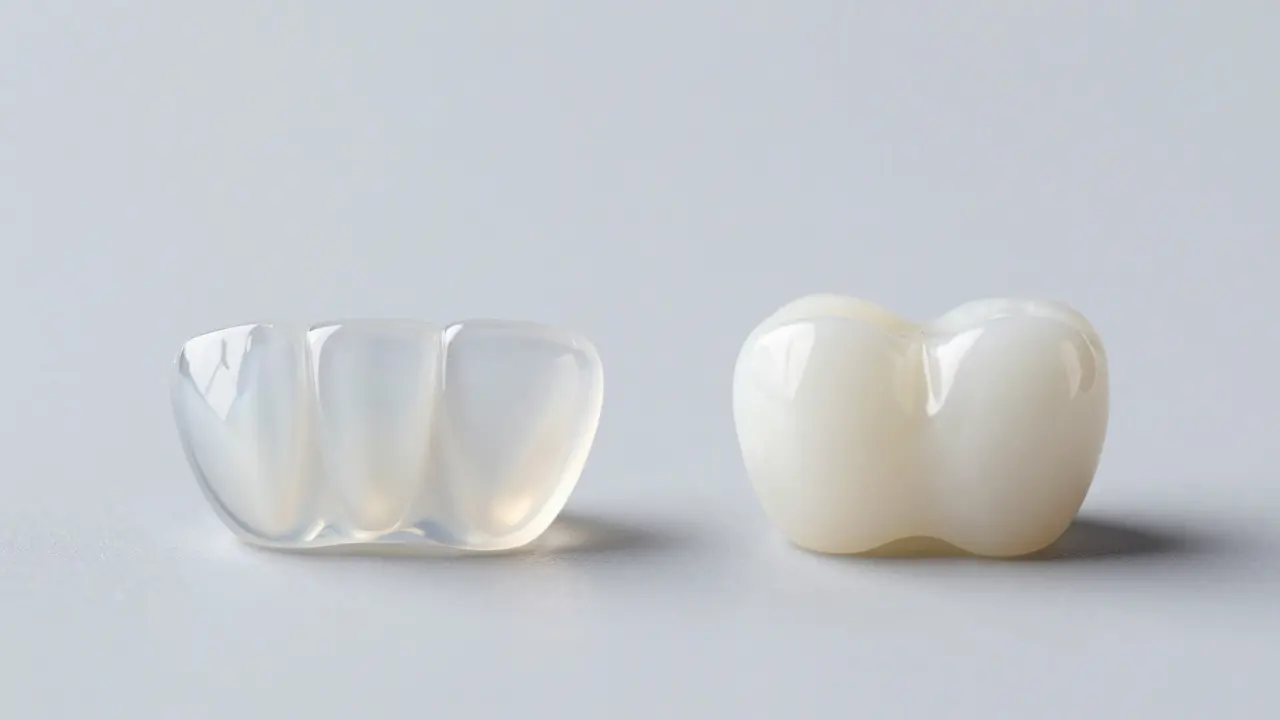 Detail keramické a kompozitní fasety na neutrálním pozadí.