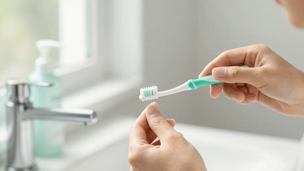 Detail ruky používající mezizubní kartáček k čištění mezer mezi zuby.