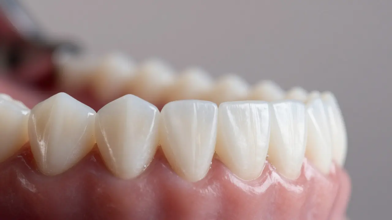 Detail symetrických a vyhlazených bílých zubů po estetické úpravě.