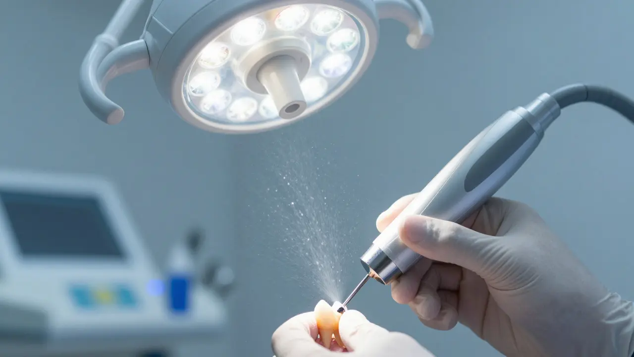 Detail ultrazvukové škrabky při profesionálním odstraňování zubního kamene.