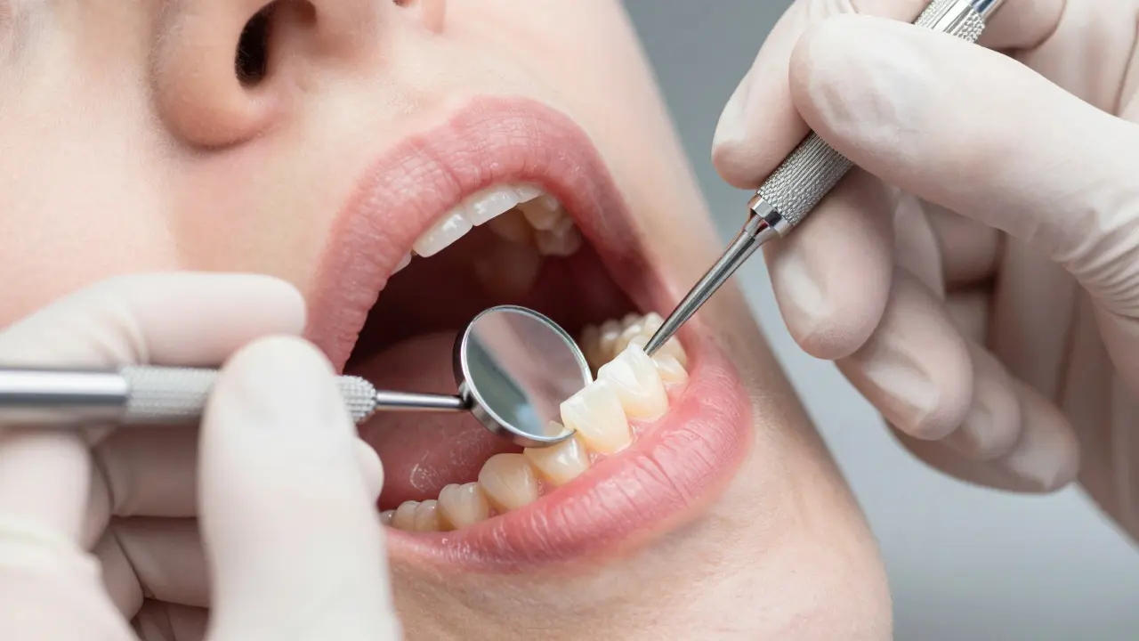 Detailní kontrola perfektního přilapení keramické fazety k zubu a dásni.