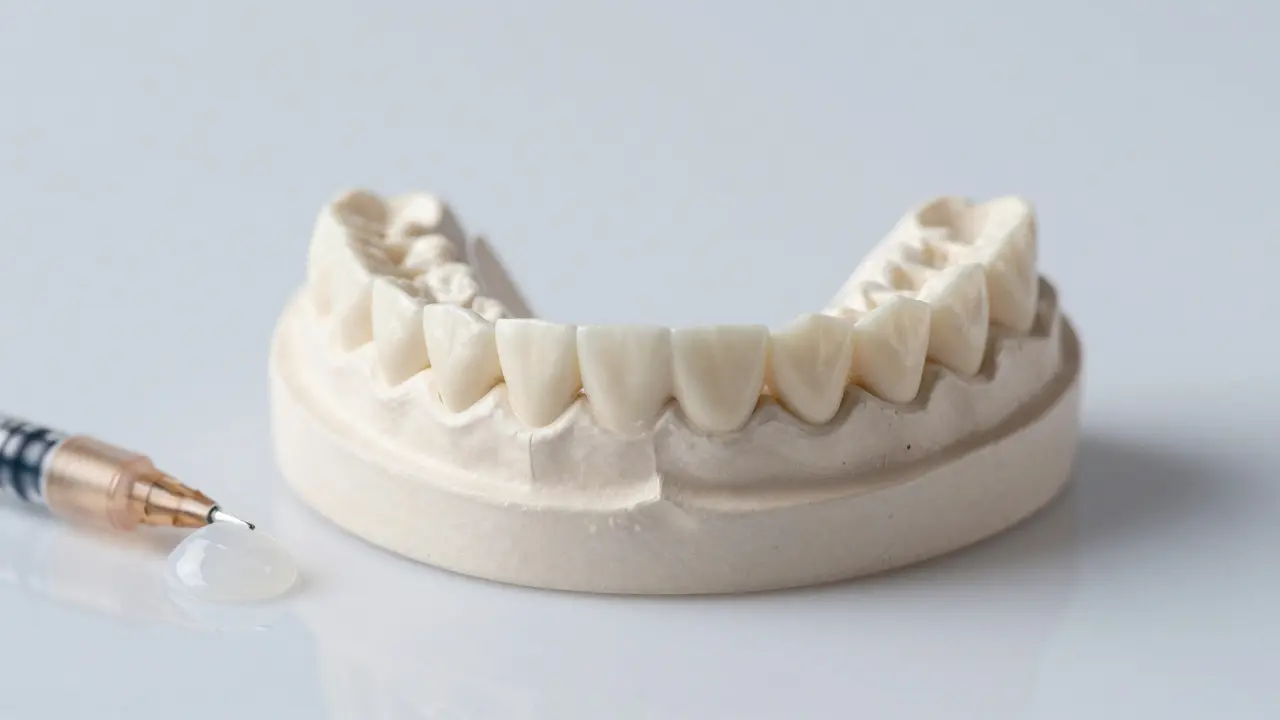 Detailní pohled na perfektně ztuhnutý otisk zubů v tálku.