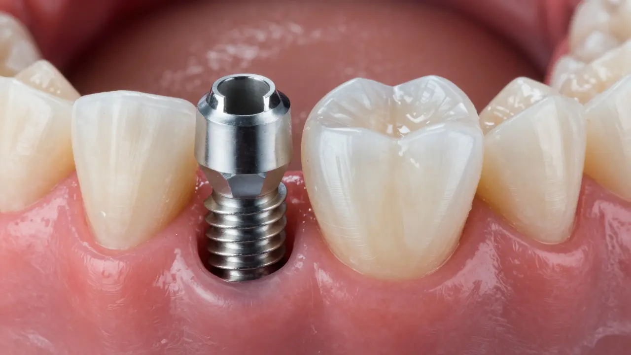 Detailní pohled na titanový implantát s keramickou korunkou v dásni.