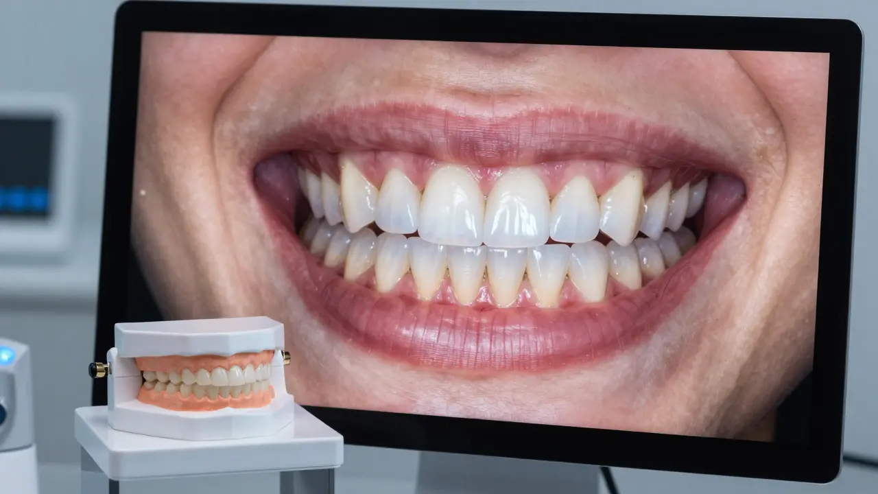 Digitální návrh úsměvu na monitoru vedle provizorního modelu zubů.