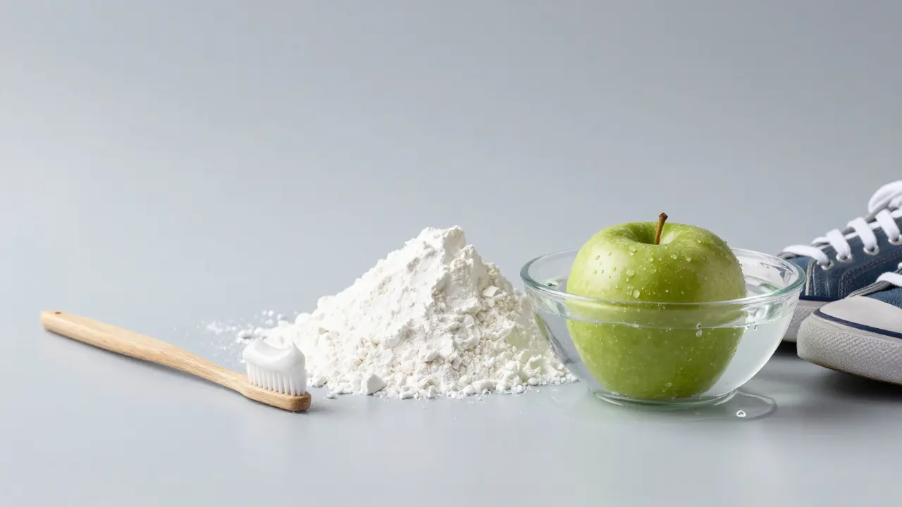 Koláž zobrazující využití sody pro zuby, ovoce a boty.