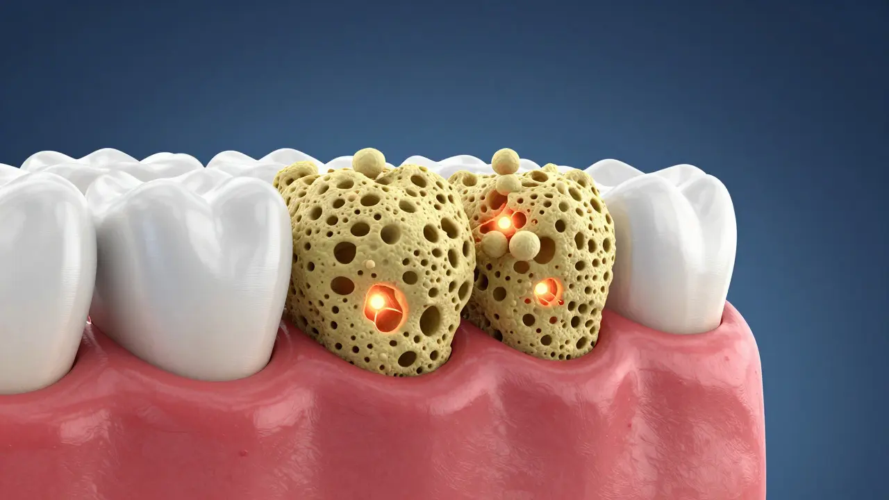 Koncepční ilustrace zubního kamene a bakterií u dásní.