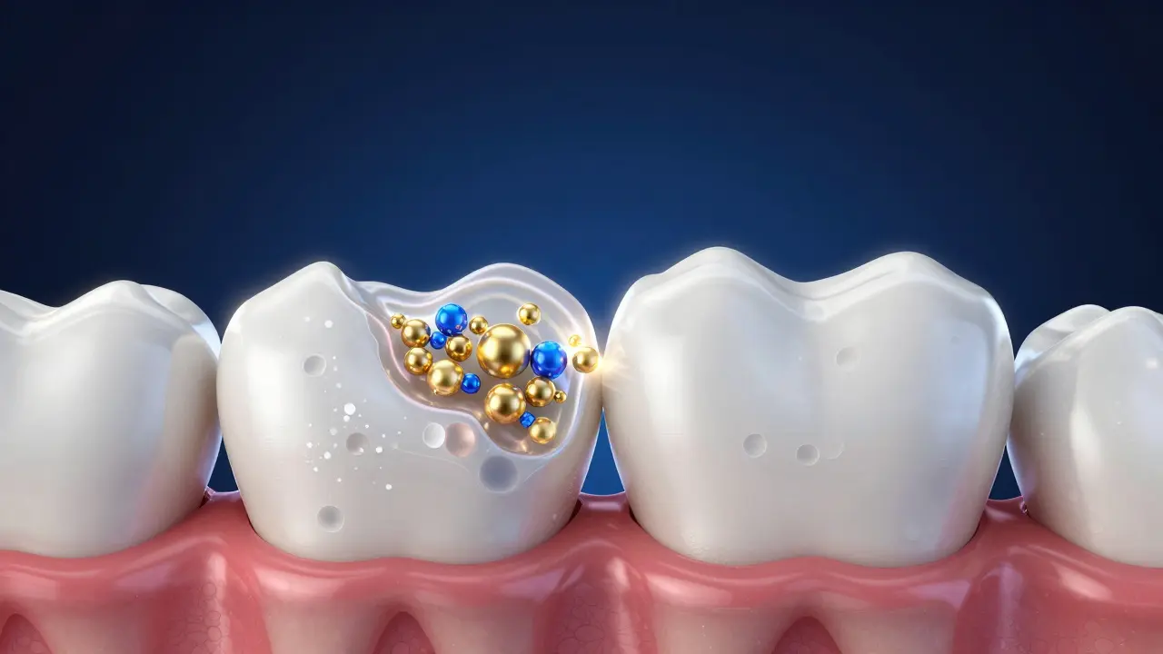 Konceptuální ilustrace procesu remineralizace zubní skloviny minerálními částicemi.