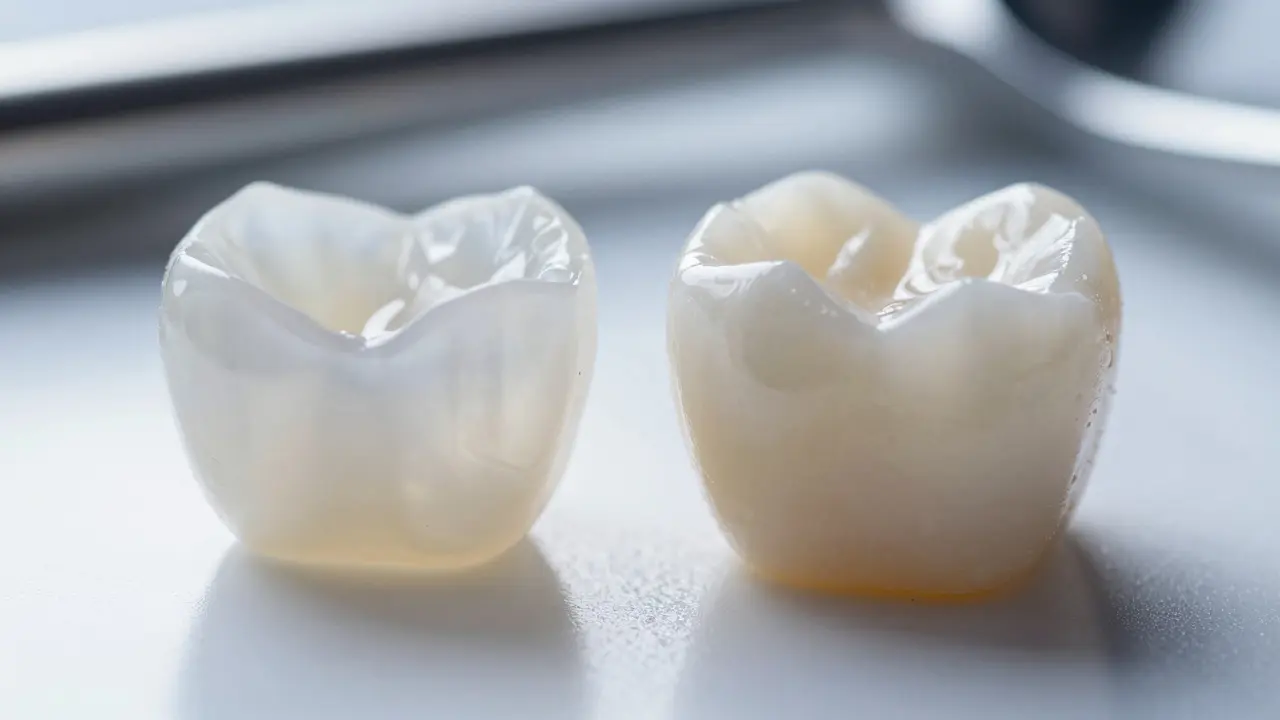 Konceptuální srovnání průsvitnosti stkané a pevnosti lisované keramiky.