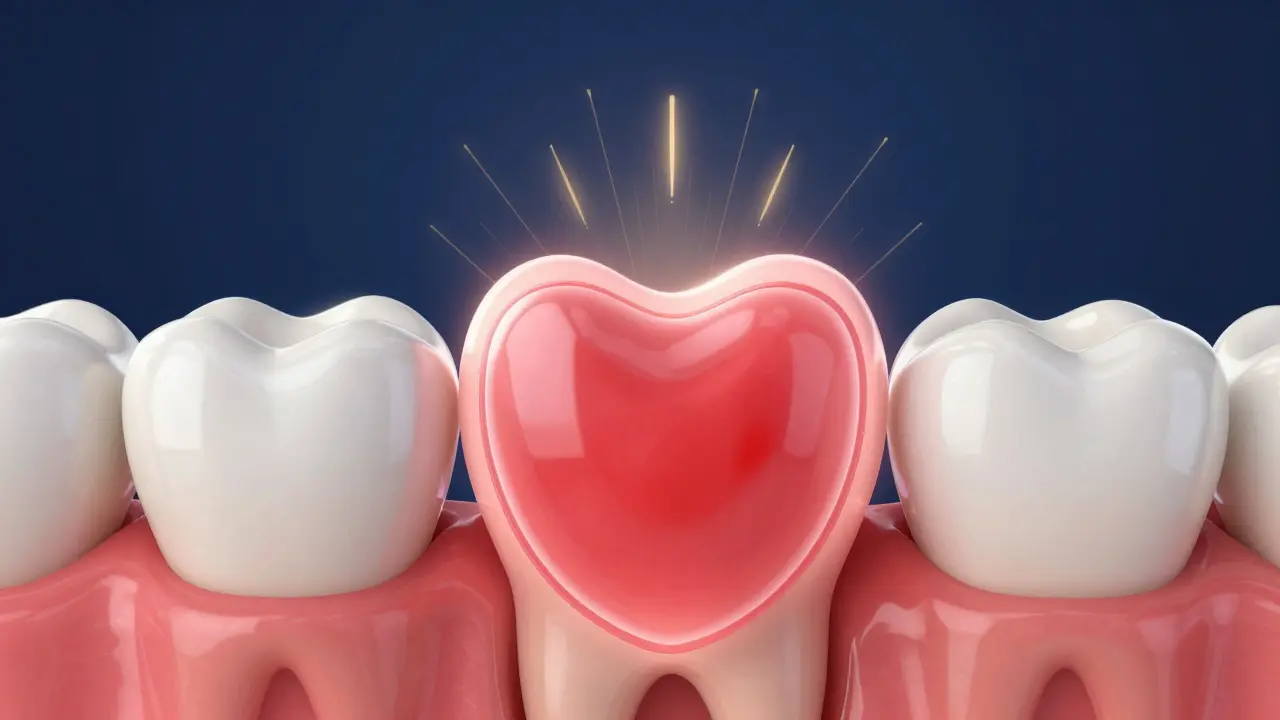 Konceptuální znázornění hojení dásně a tvorby krvavé sraženiny.