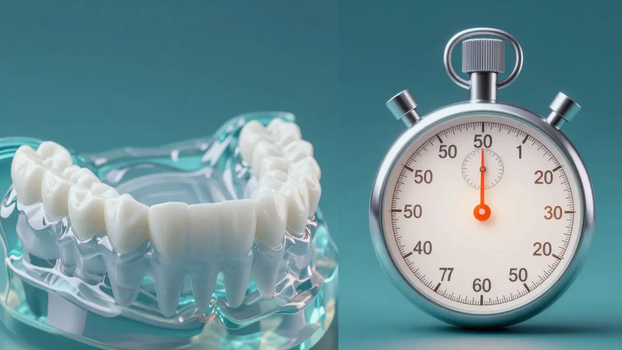 Konceptuální zobrazení procesu tvarování otisku zubů s časomírem.