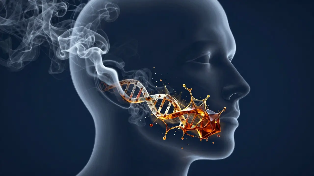 Konceptuální zobrazení vlivu kouření a alkoholu na poškození buněk v ústech.