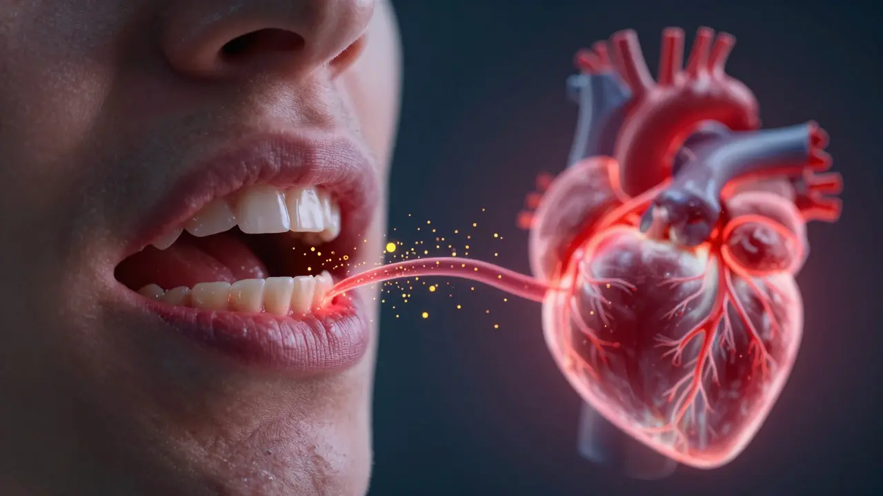 Konceptuální zobrazení vlivu zánětu dásní na krevní oběh a srdce.