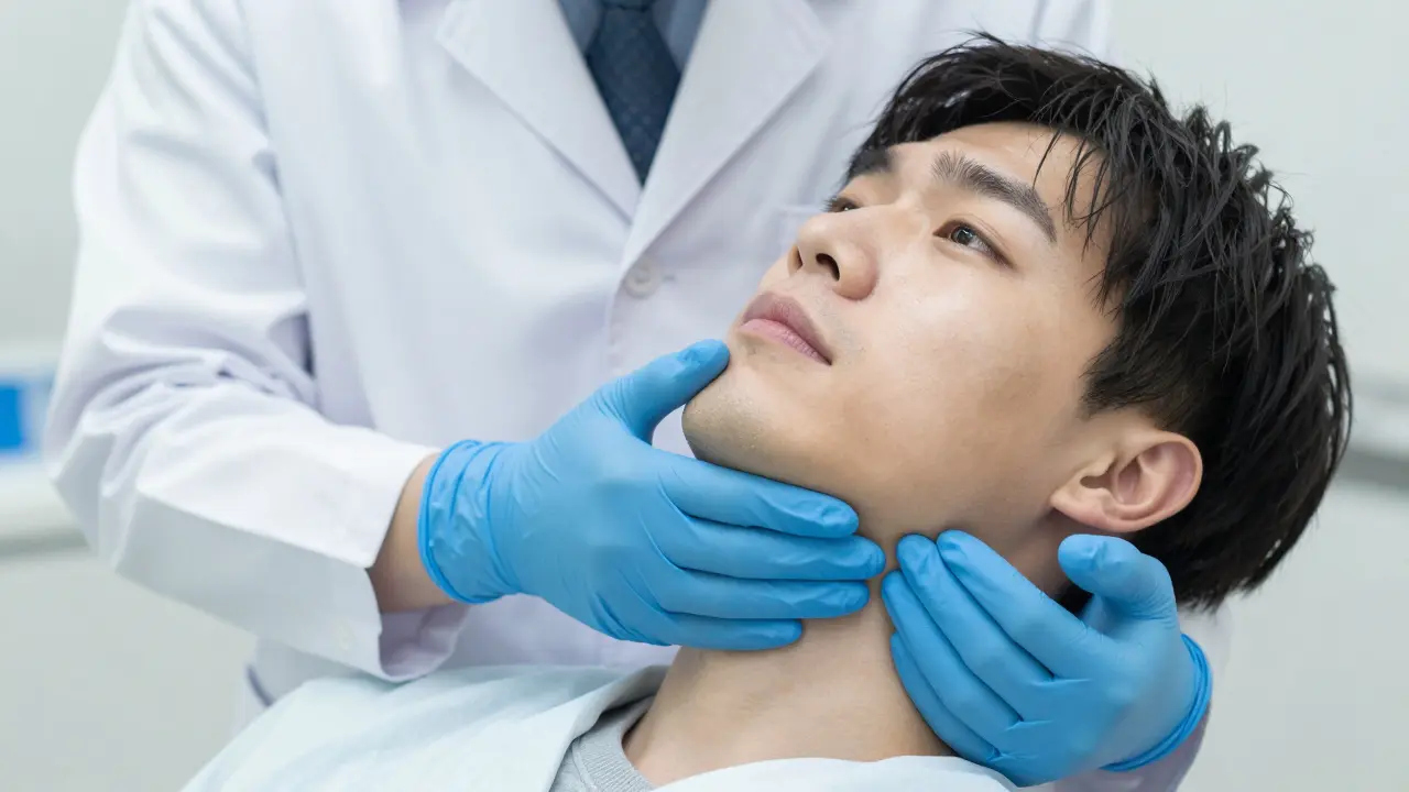 Lékař provádí hmatové vyšetření krku a čelisti pacienta v ordinaci.