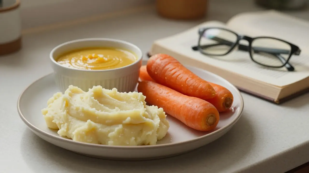 Měkké potraviny a kniha k procvičování mluvení s protézou.