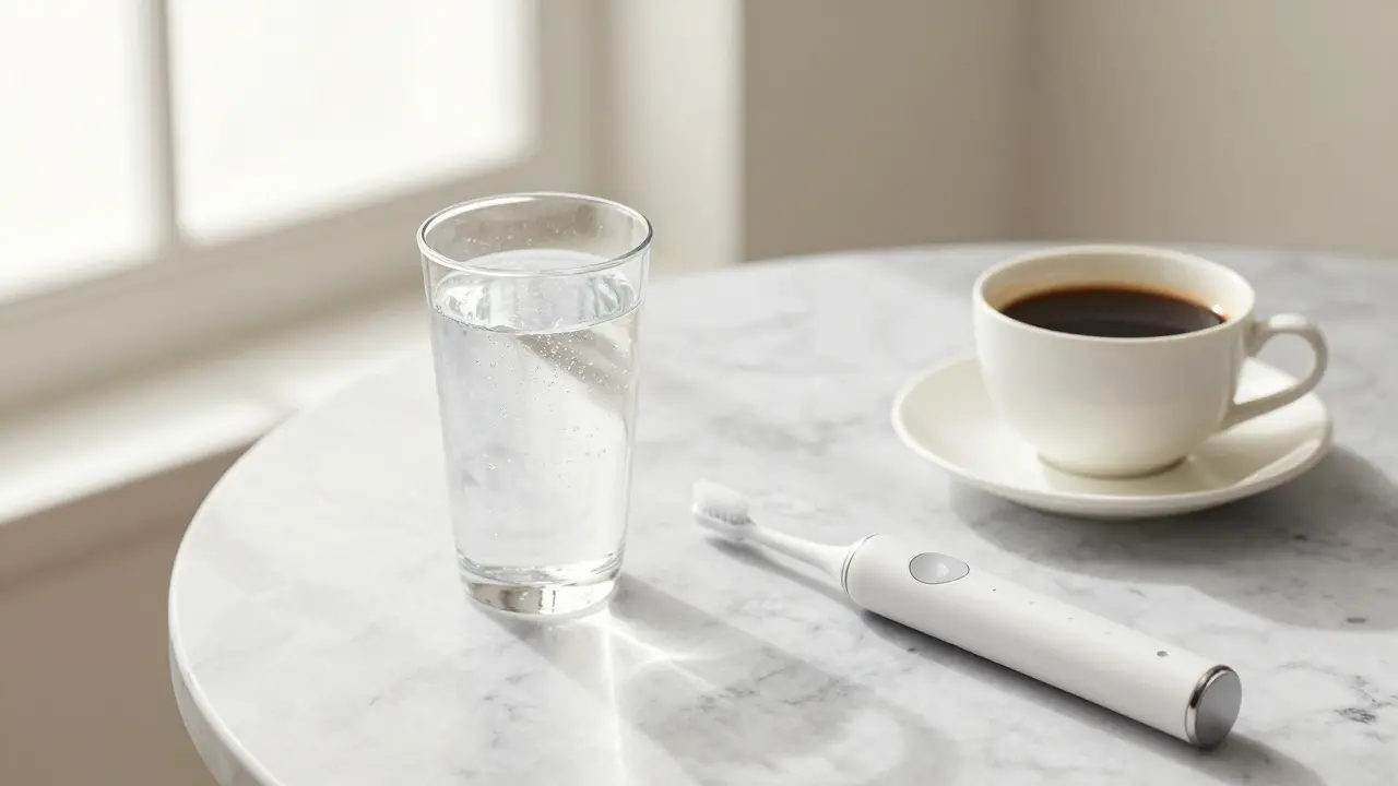 Moderní elektrický kartáček a sklenice vody na mramorovém stole.