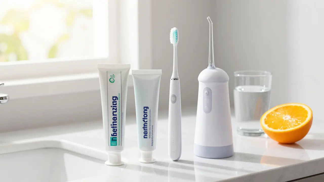 Moderní pomůcky pro péči o zuby, včetně sonického kartáčku a ústní sprchy.