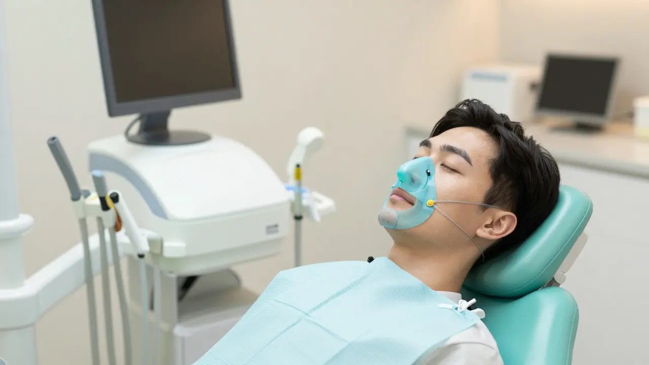 Pacient v relaxaci s maskou pro pluhový plyn v moderní zubní ordinaci