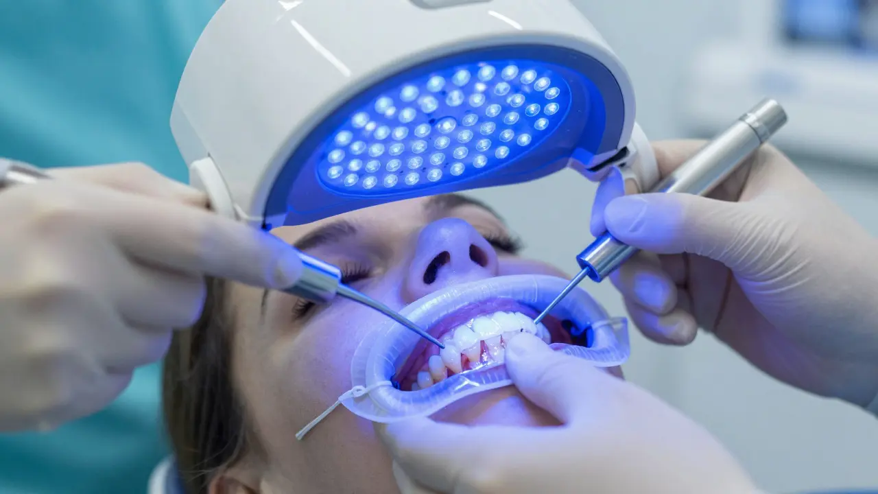 Profesionální bělení zubů v klinice s použitím modrého LED světla.