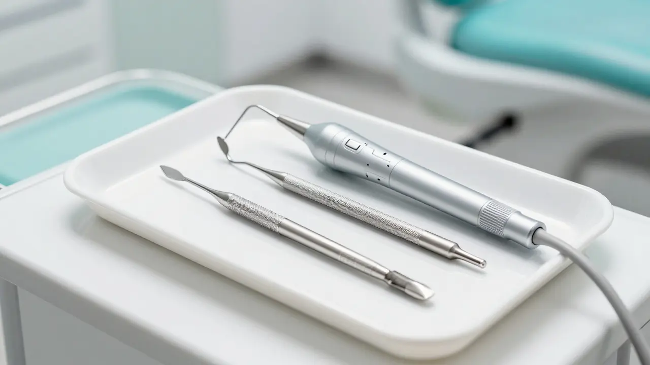 Profesionální nástroje pro hloubkové čištění zubů v moderní ordinaci.