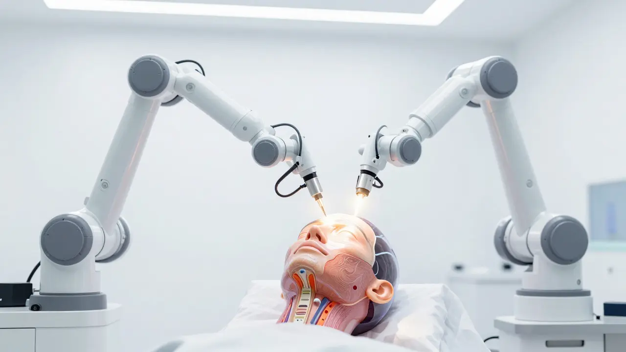 Robotická chirurgická ruka provádějící precizní zákrok v obličeji.