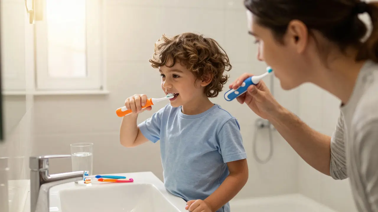Rodič a dítě společně čistí zuby elektrickým kartáčkem.