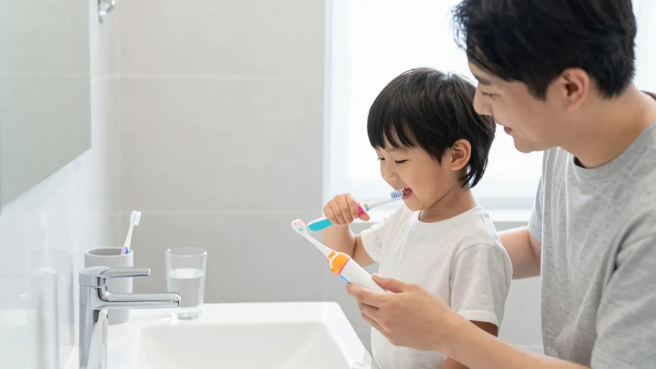 Rodič pomáhá dítěti s čištěním zubů elektrickým kartáčkem.