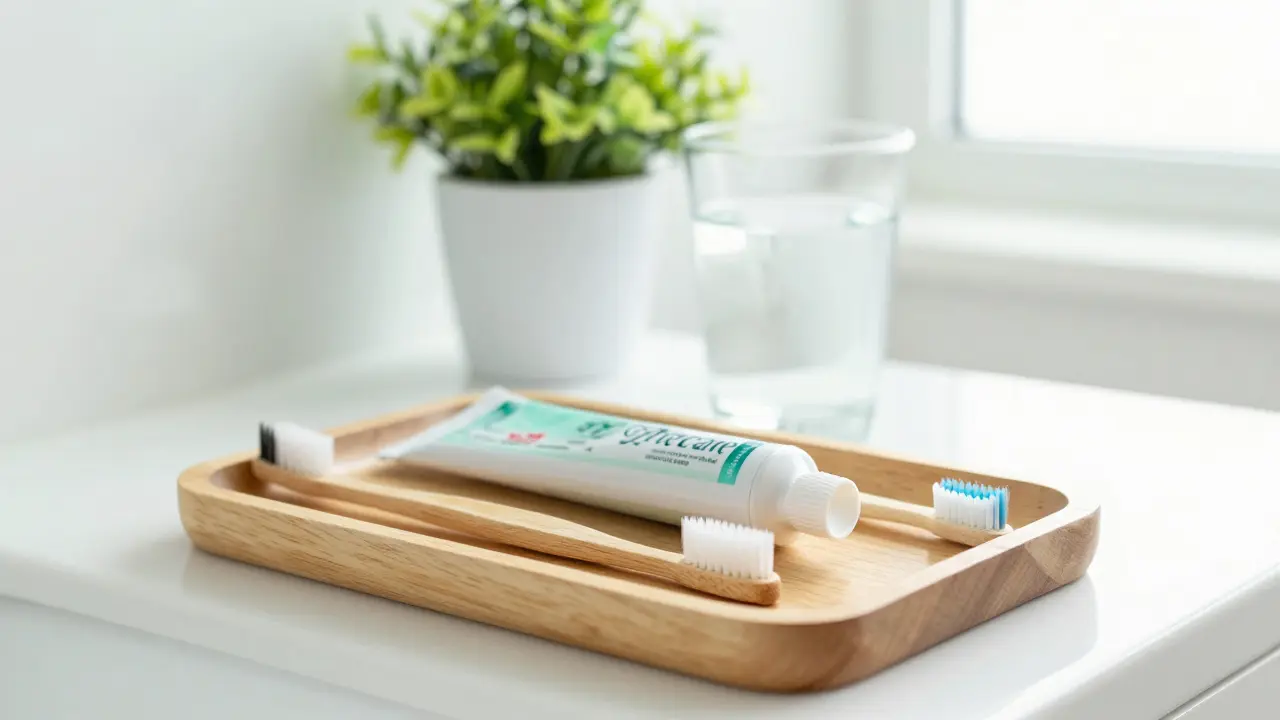 Sada pro domácí hygienu zubů s mezizubními kartáčky v světlé koupelně.