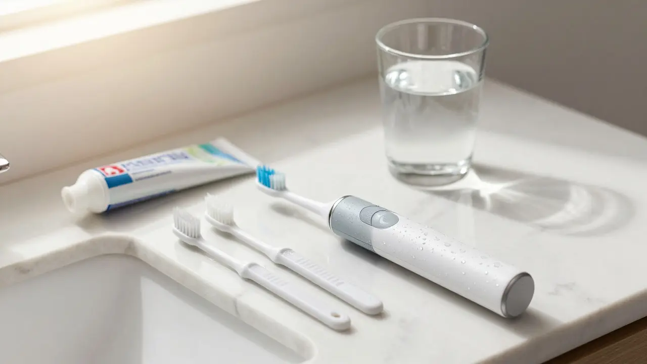 Sada pro domácí péči o zuby: elektrický kartáč, mezizubní kartáčky a stěrčítko na jazyk.